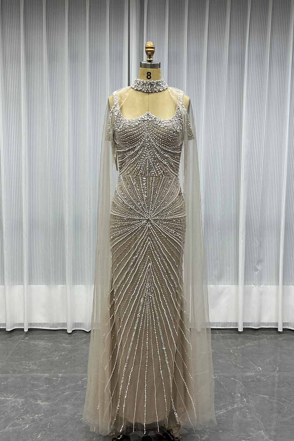 YQLNNE Mocha Crystals Evening Dress Mermaid With Necklace