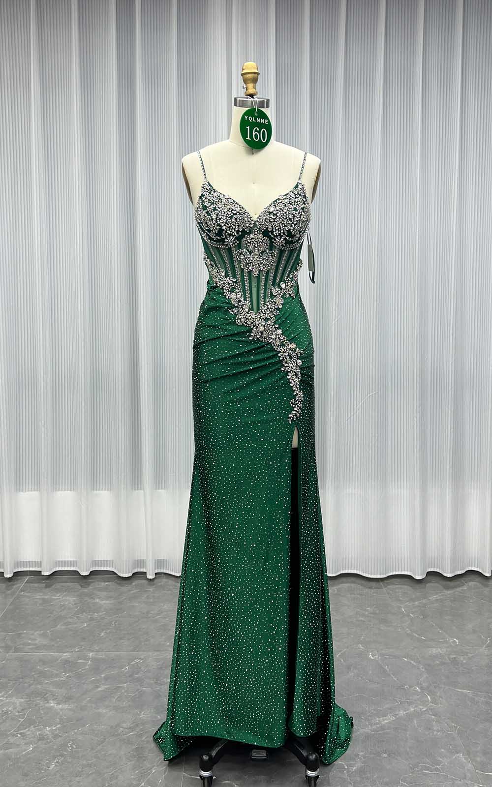 YQLNNE 0160 Dark Green Crystals Beaded Long Prom Dress Lace-up