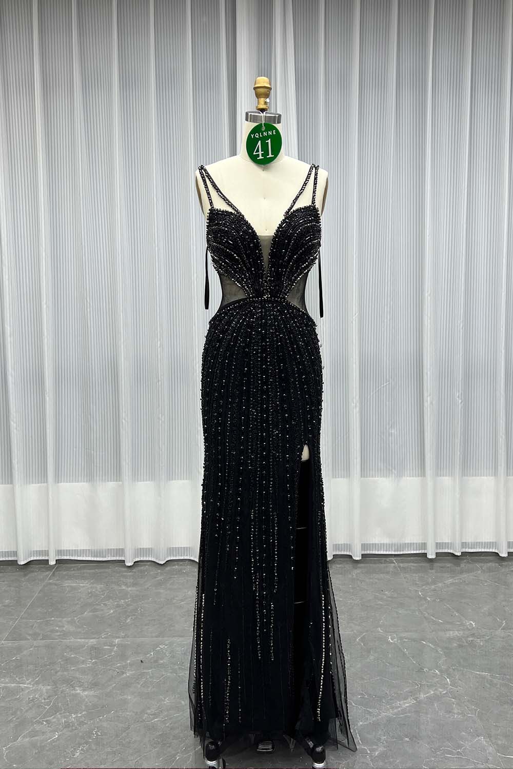 YQLNNE 041 Black Crystals Mermaid Evening Dress With Straps