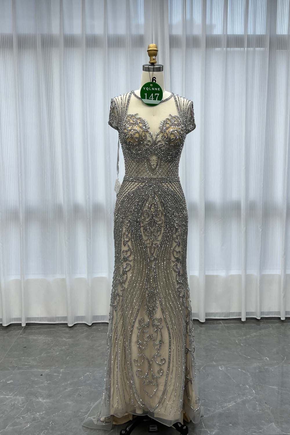 YQLNNE 0147 Silver Nude Crystals Beaded Evening Dress With Cap Sleeves