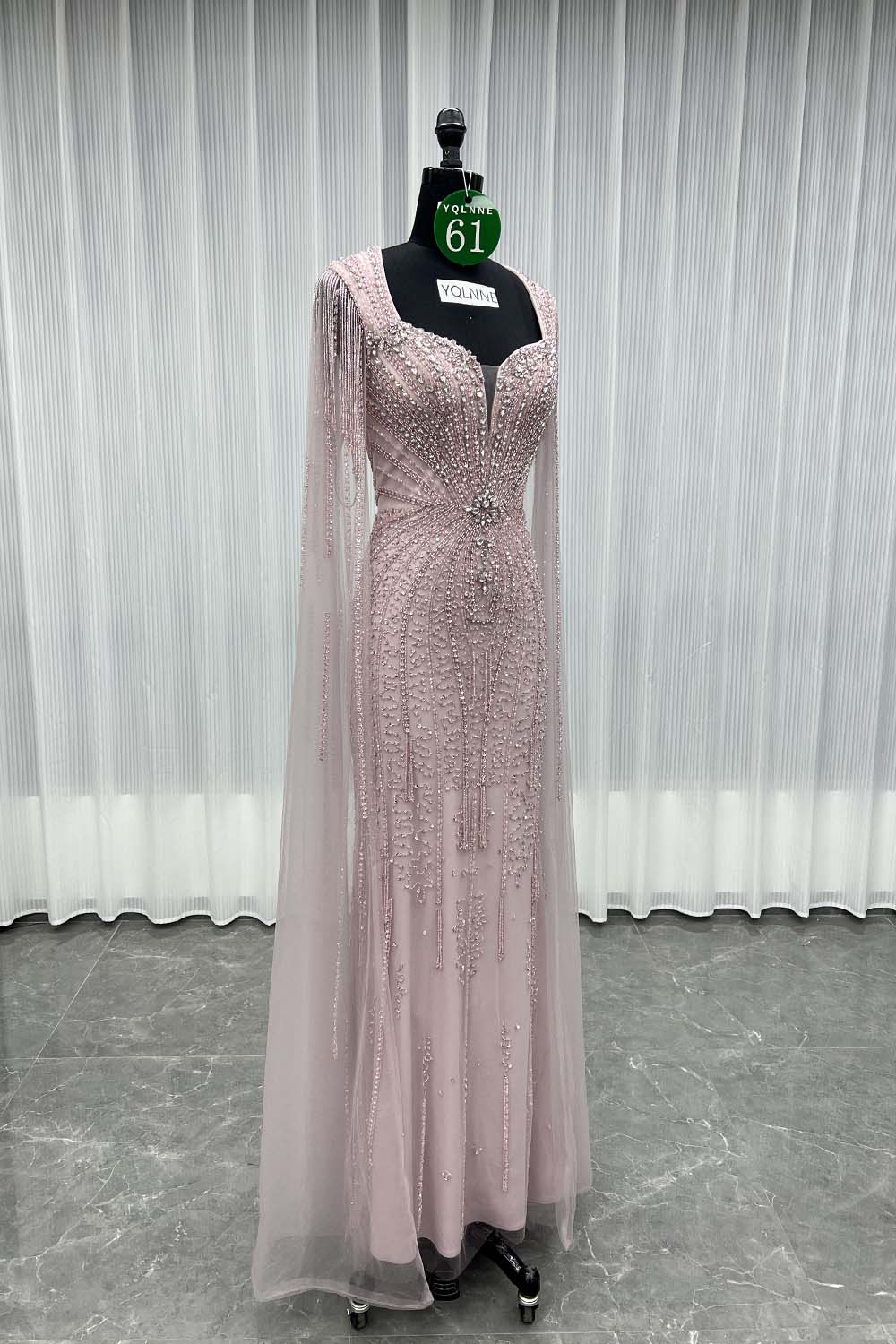 YQLNNE 061 Modest Pink Rhinestones Evening Dress With Shawl