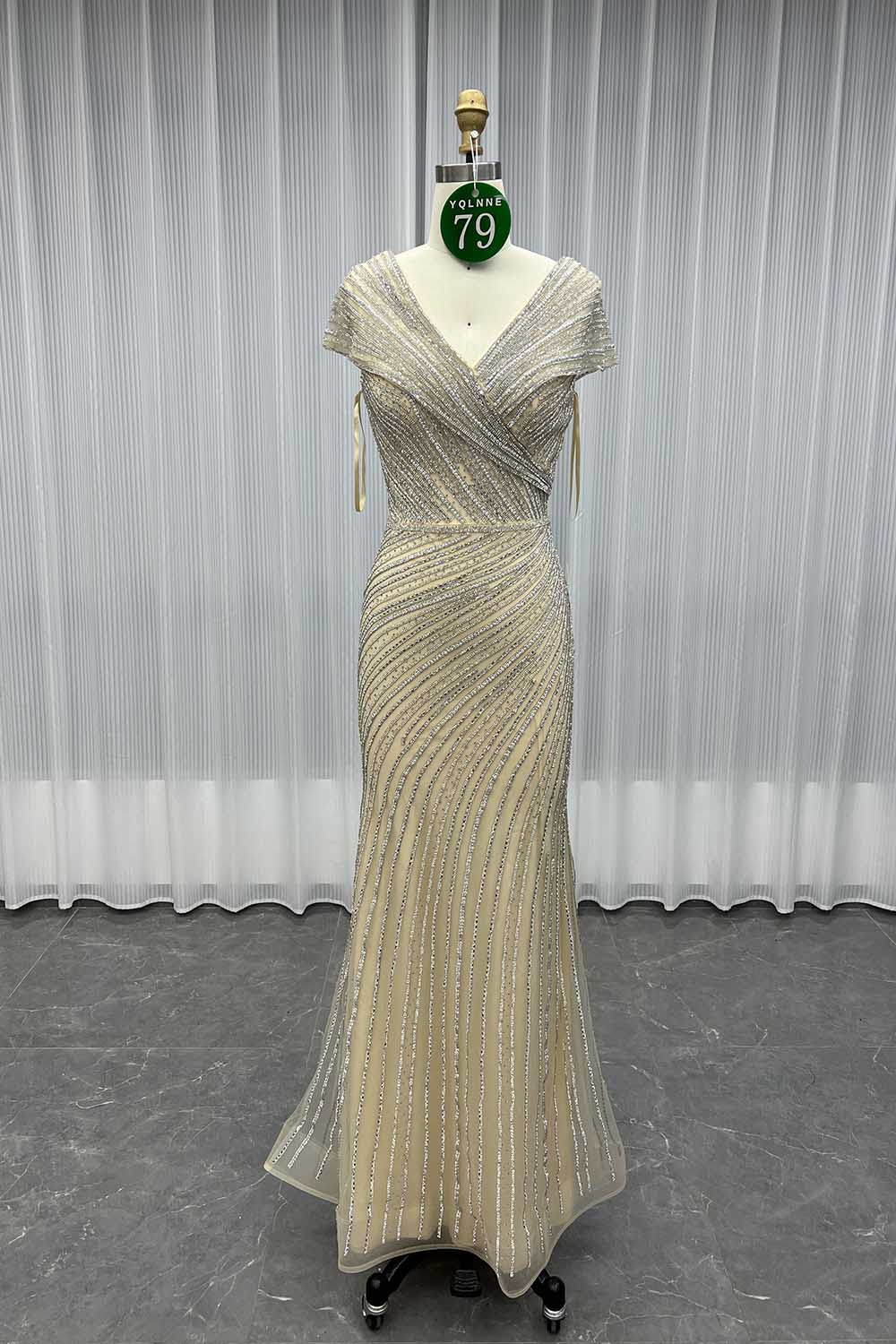 YQLNNE 079 Champagne Crystals Evening Dress Long Formal Gown For Mother of Bride
