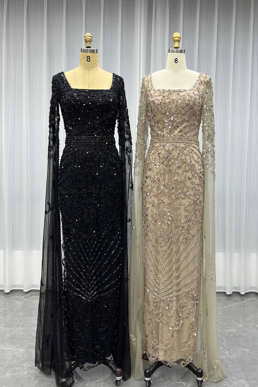 YQLNNE Modest Black Square Collar Crystals Beaded Evening Dress With Long Sleeves