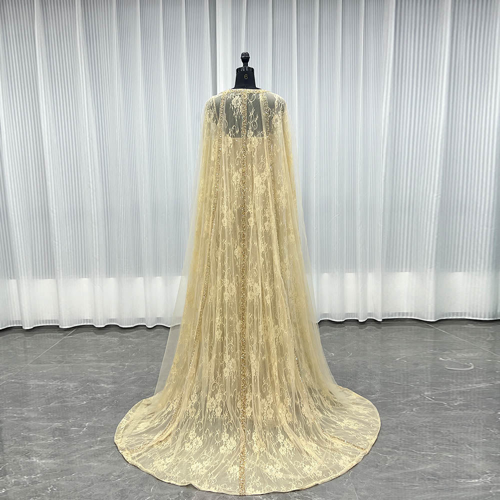 YQLNNE 051 Luxury Gold Crystals Beaded Evening Gown Formal Women Party Dress With Cape