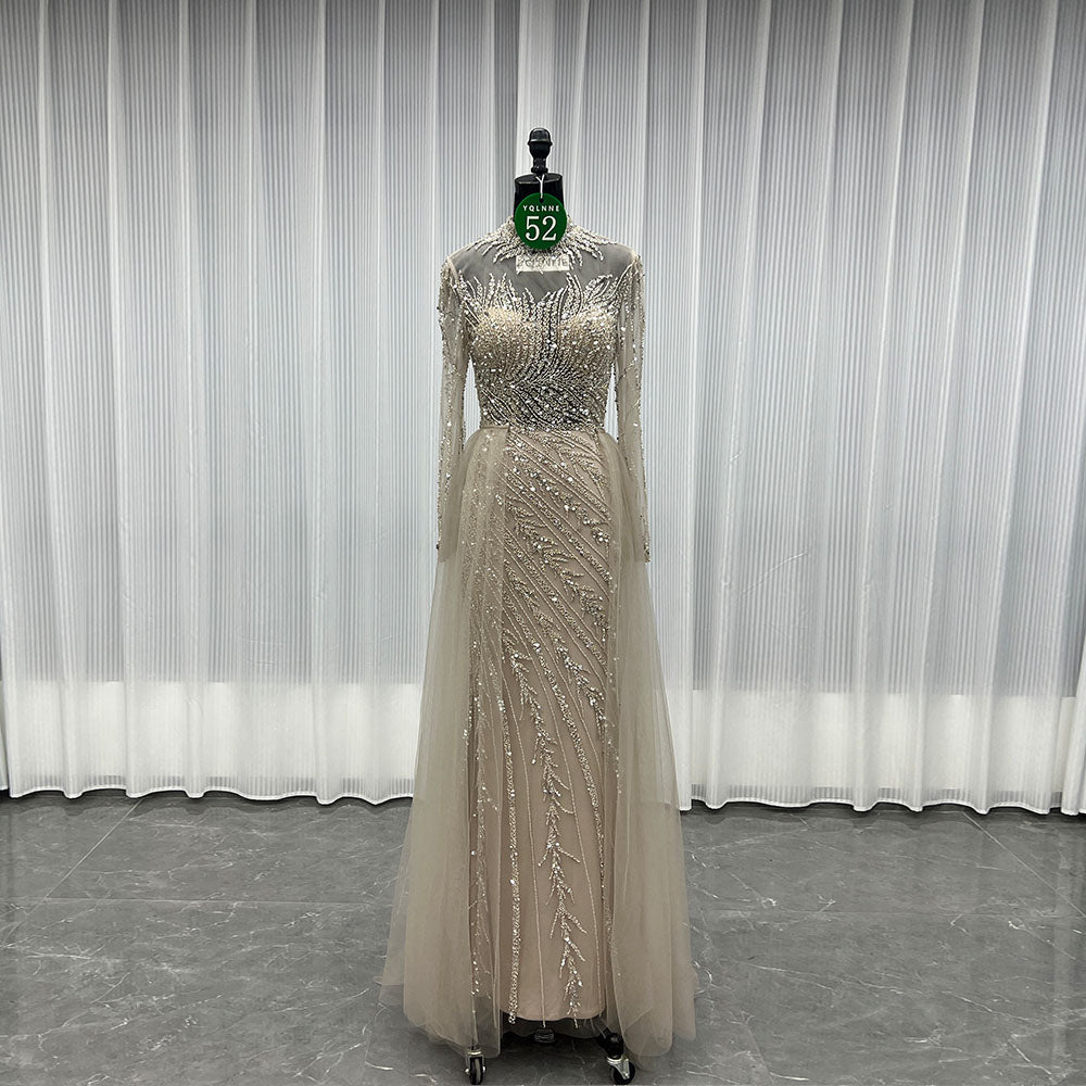 YQLNNE 052 Nude Long Sleeves Beaded Evening Dress With Removable Skirt
