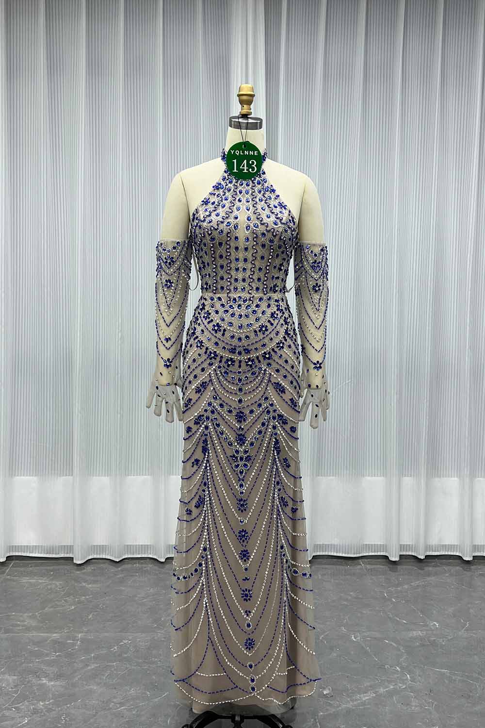 YQLNNE 0143 Blue Crystals Halter Evening Dress Mermaid Beaded Gown