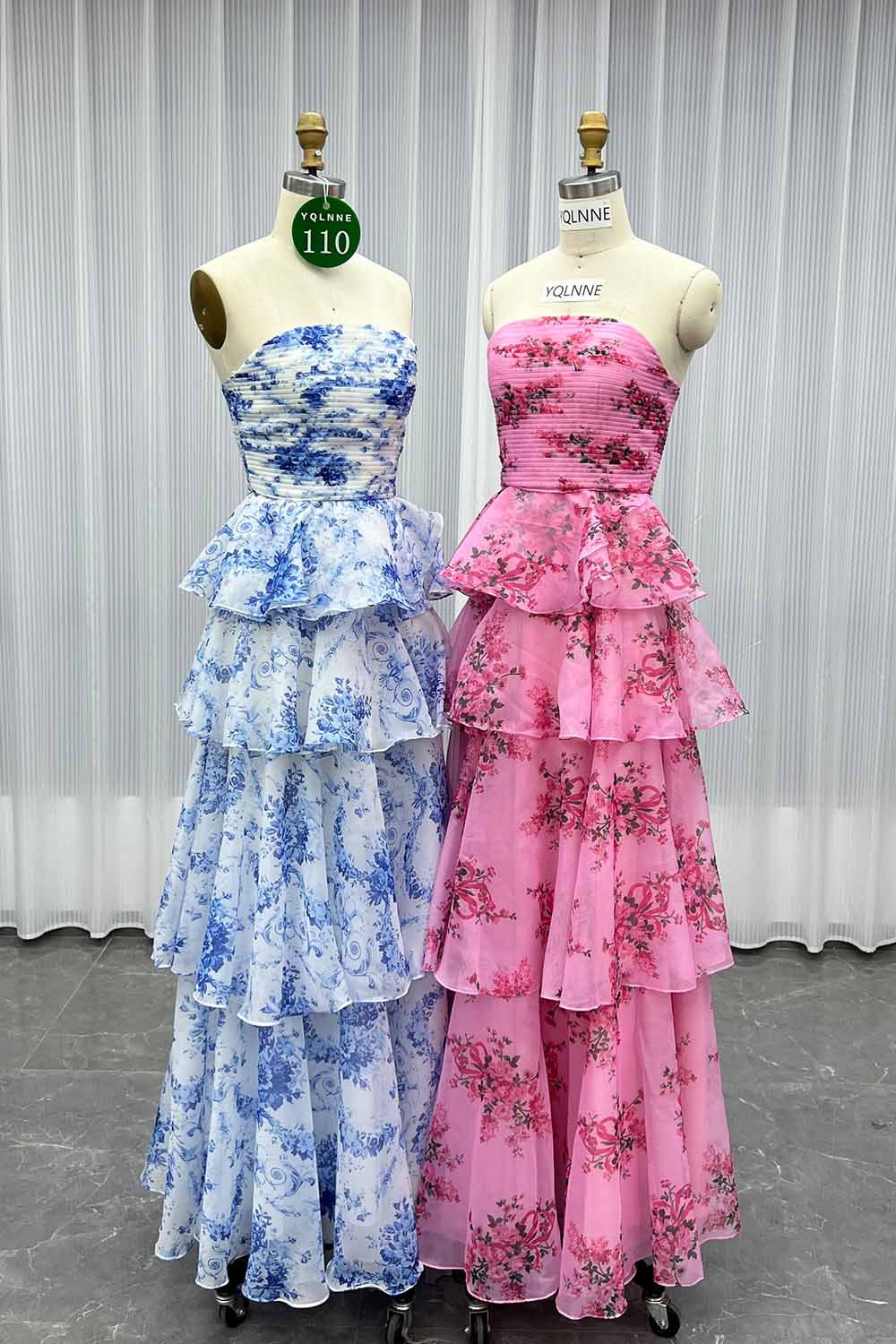 YQLNNE 0110 Pink Print Flowers Prom Dress Strapless Long Party Gown