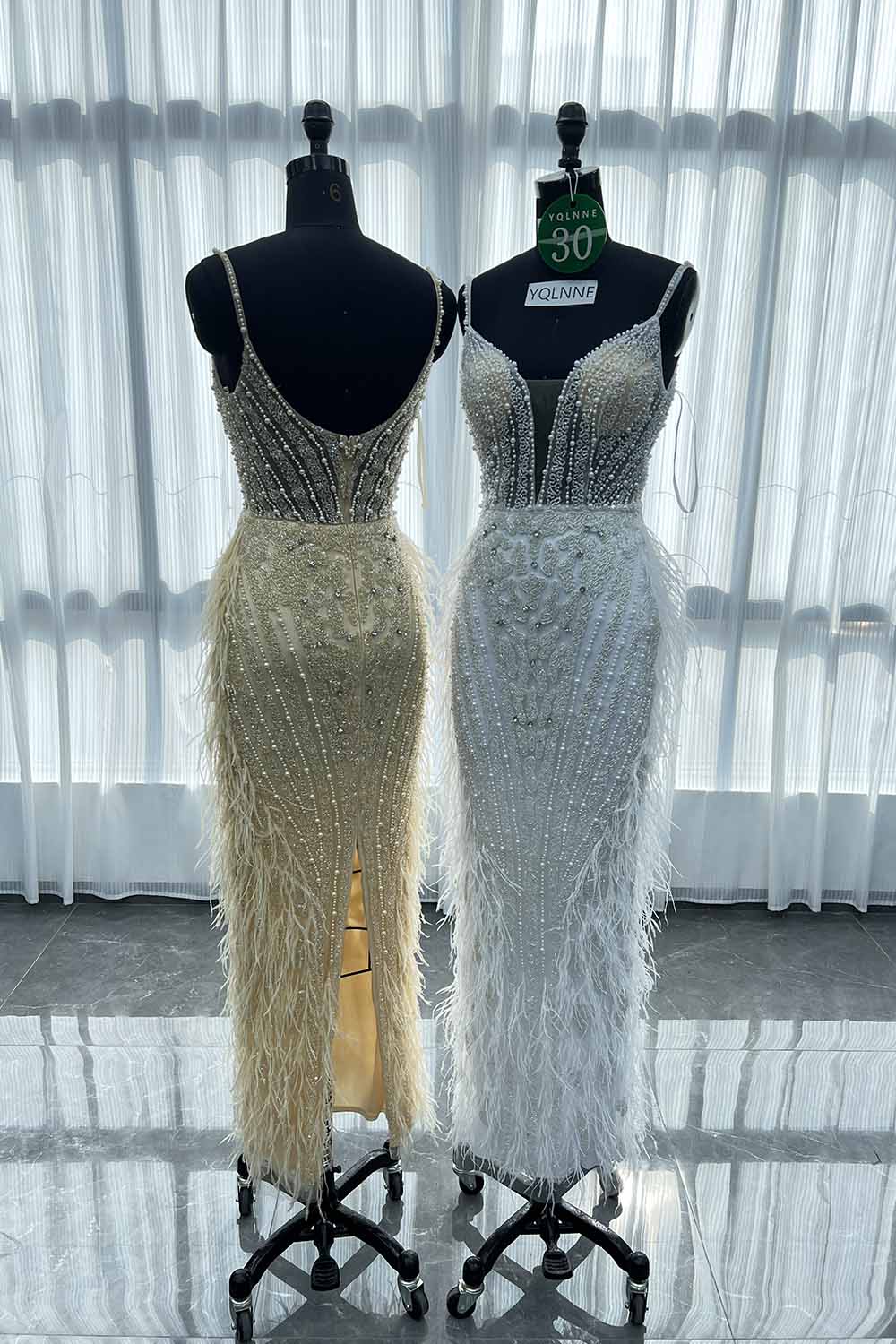 YQLNNE 030 White Feathers Crystals Evening Dress Tea-Length Beaded Gown