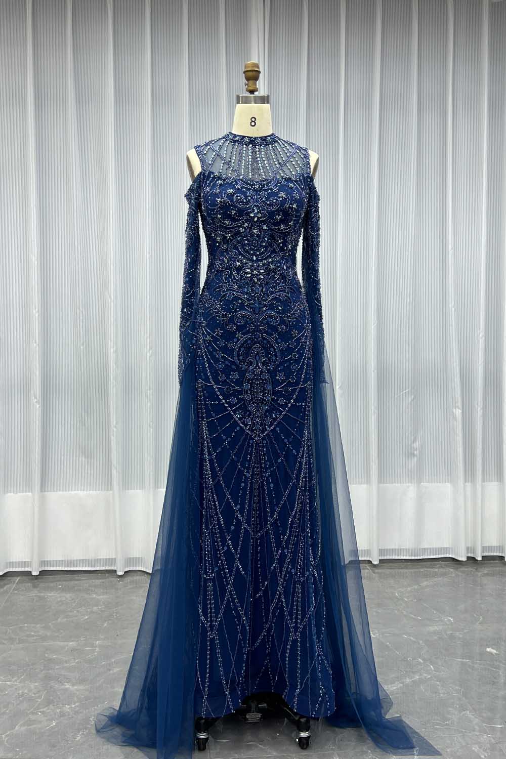 YQLNNECouture Navy Blue Crystals Beaded Evening Dress Embroidered