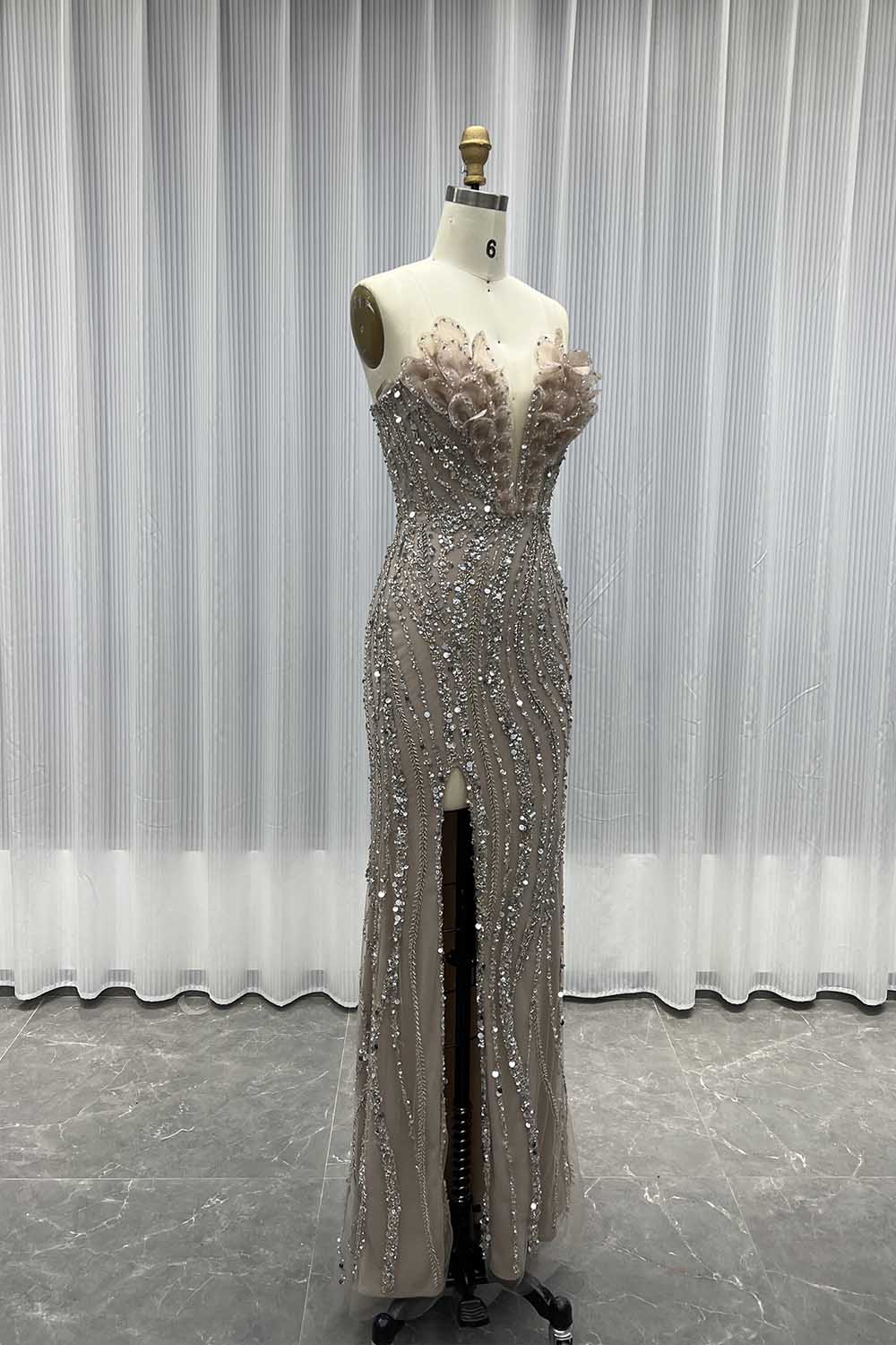 YQLNNE 040 Nude Strapless Long Evening Dress Crystals Beaded Formal Gown
