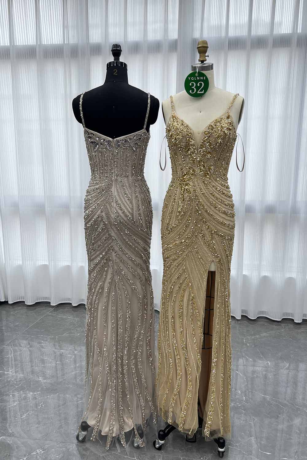 YQLNNE 032 Gold Long Evening Dress Mermaid Handmade Crystals Beaded