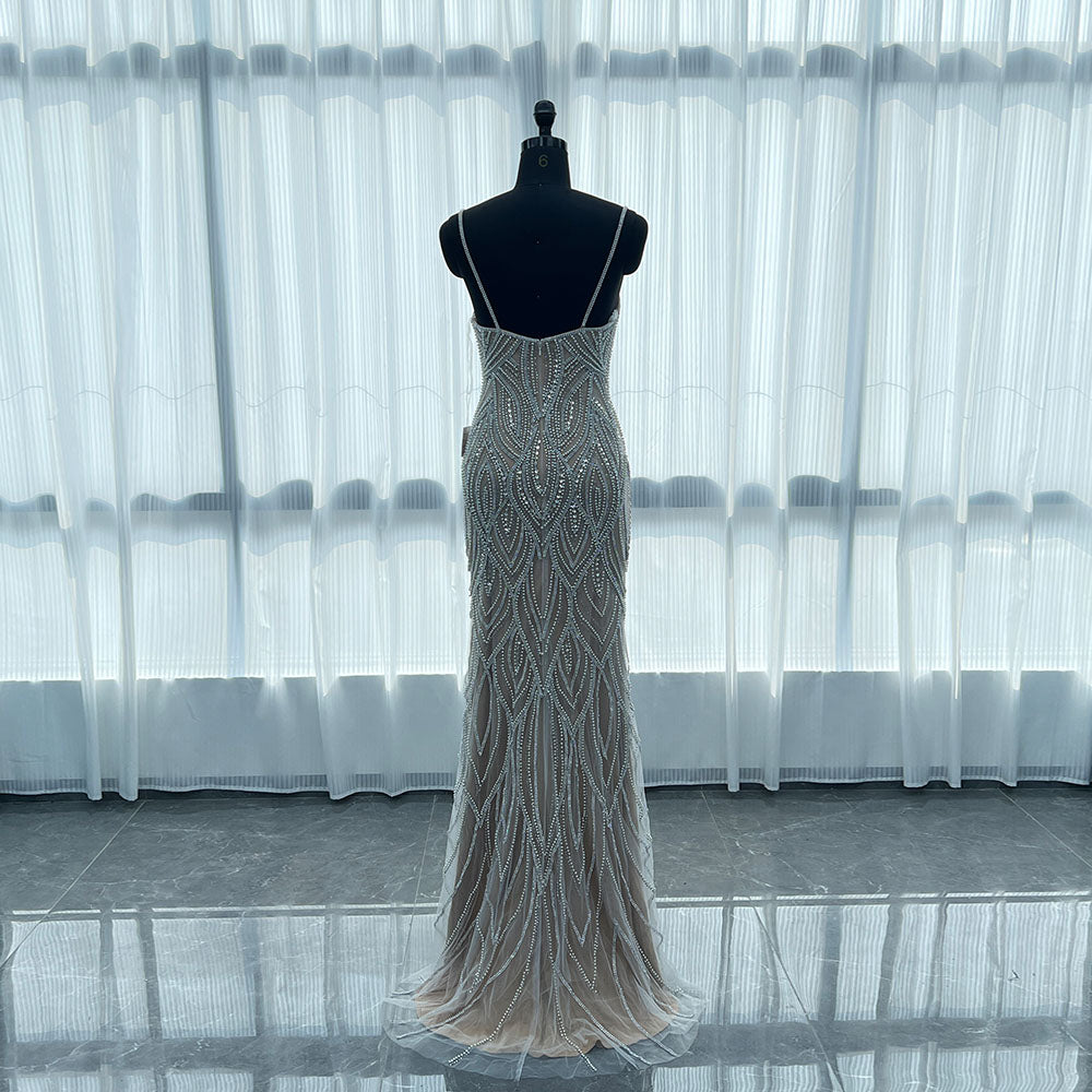 YQLNNE 027 Silver Nude Crystals Pearls Evening Dress Long Mermaid Prom Party Gown