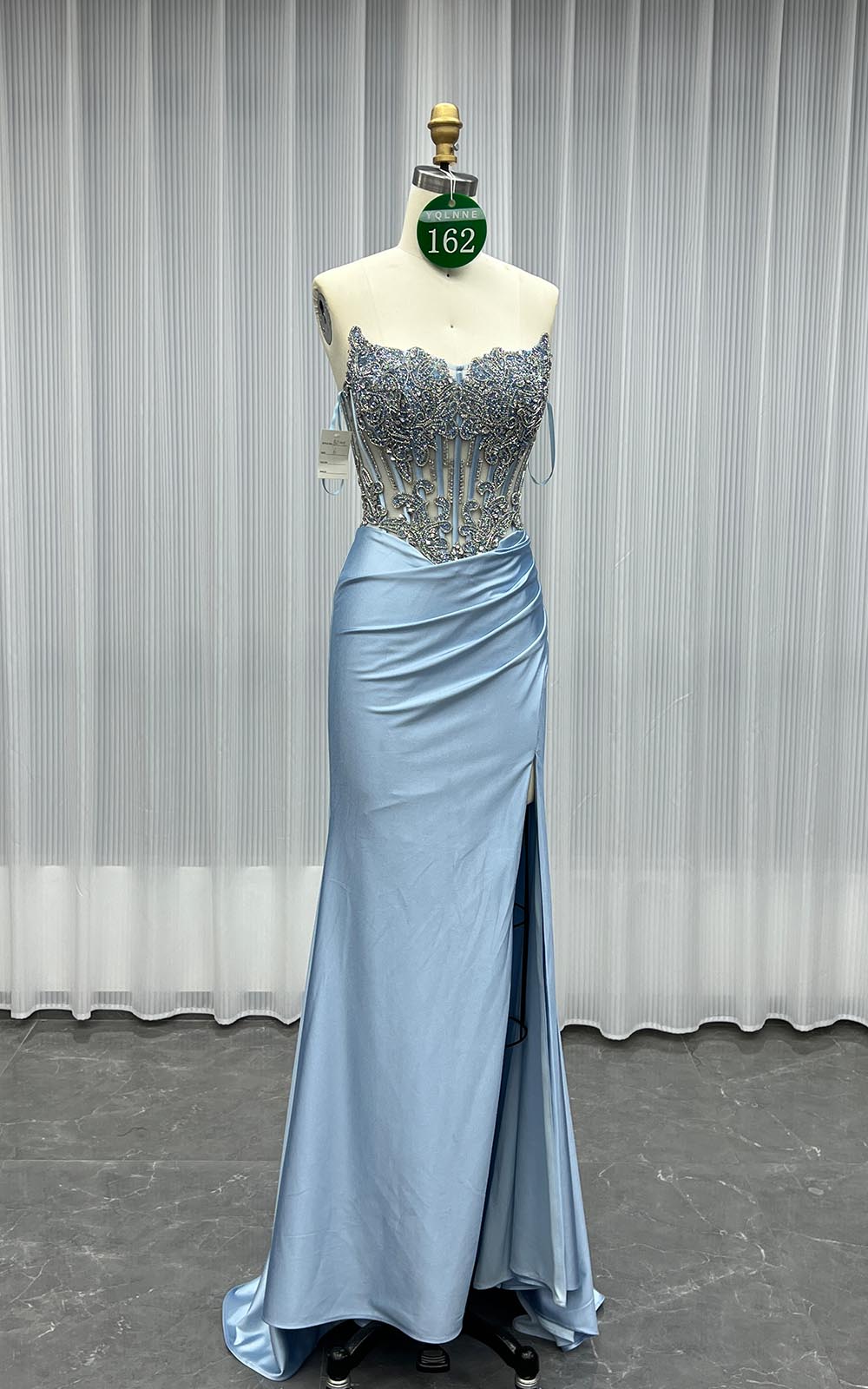 YQLNNE 0162 Blue Crystals Long Slit Prom Dress Satin Formal Gowns