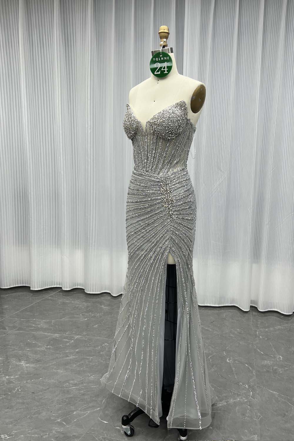 YQLNNE 024 Silver Strapless Crystals Beaded Prom Dresses Long Mermaid Gown