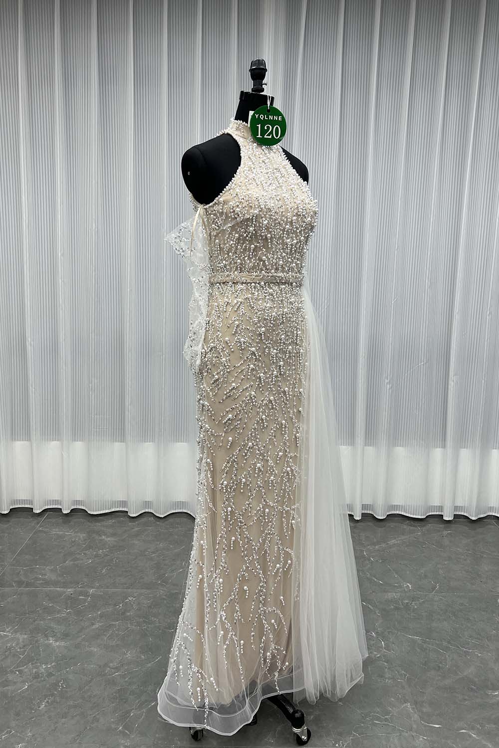 YQLNNE 0120 White Nude Pearls Beaded Evening Party Dress Wedding Gown