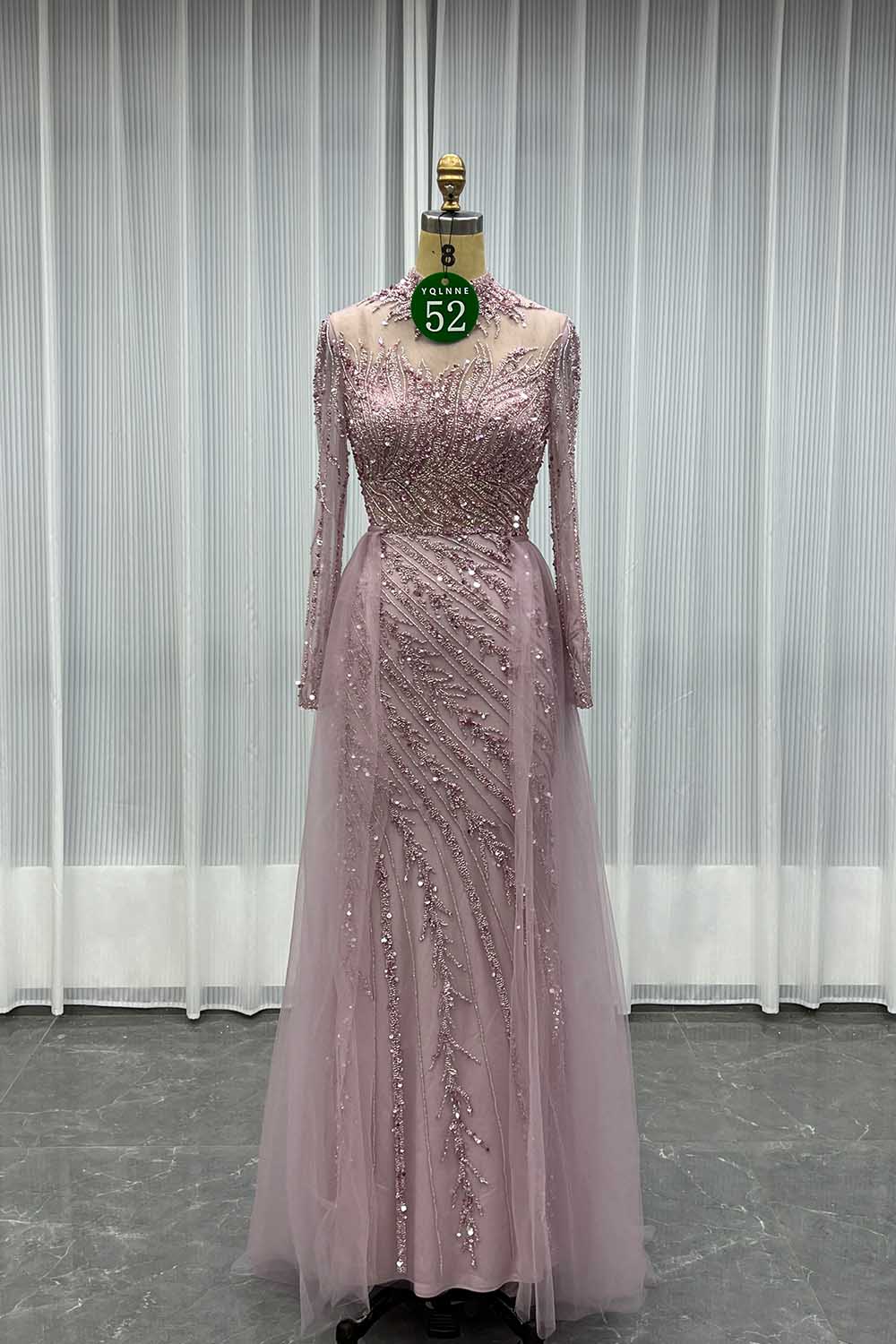 YQLNNE 052 Pink Long Sleeves Handmade Beaded Evening Dress With Removable Train