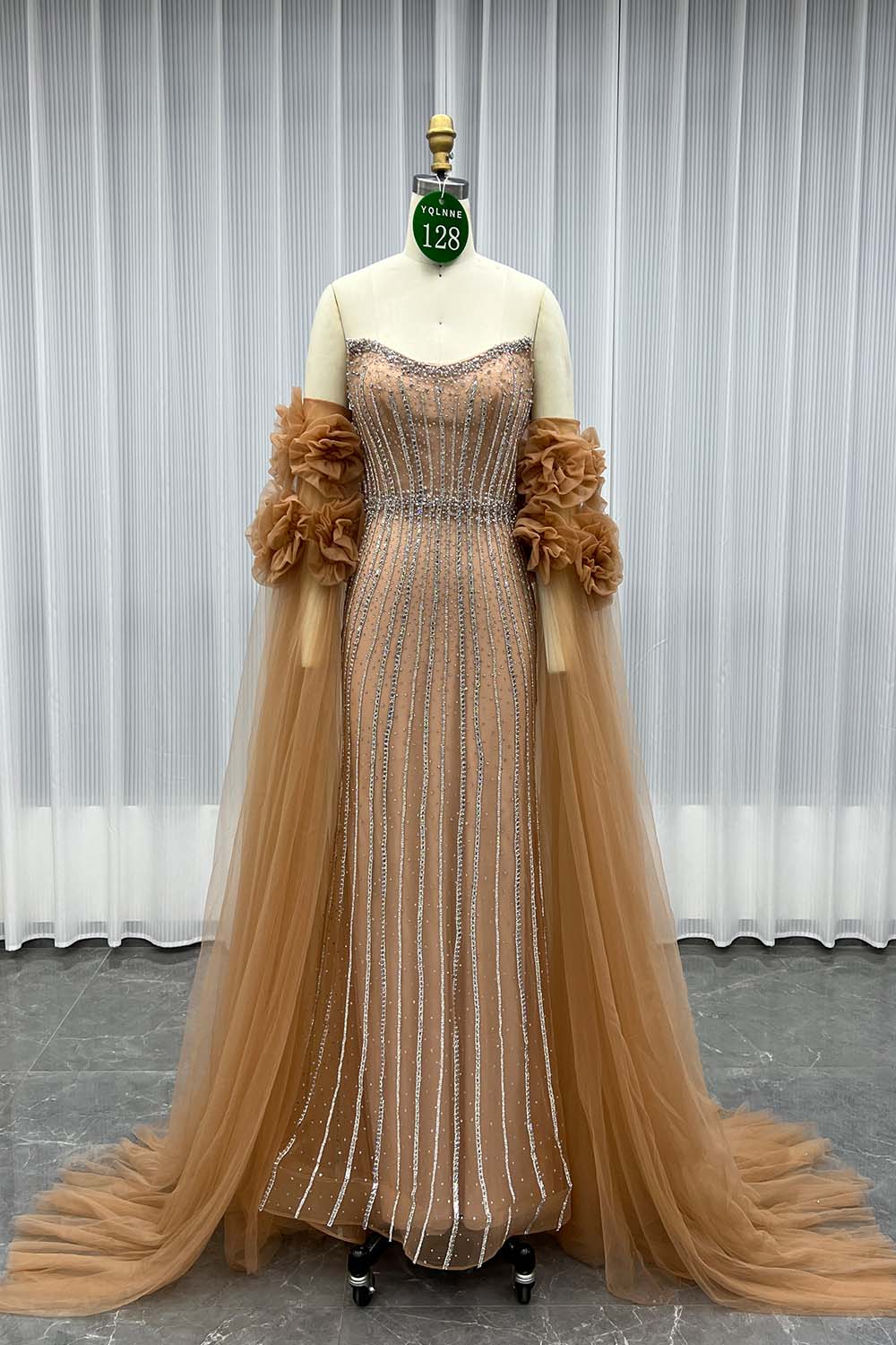 YQLNNE 0128 Luxury Orange Crystals Evening Party Gown With Removable Tulle Sleeves