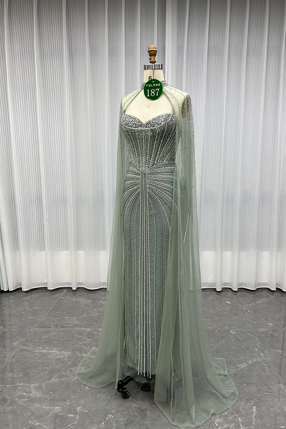 YQLNNE 0187 Sage Green Rhinestones Mermaid Evening Dress With Removable Shawl