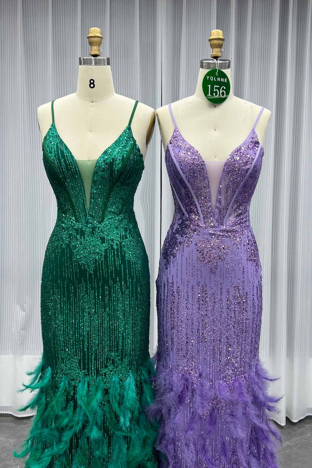 YQLNNE 0156 Sparkly Green Glitter Feathers Prom Dresses Lace-up Party Gown