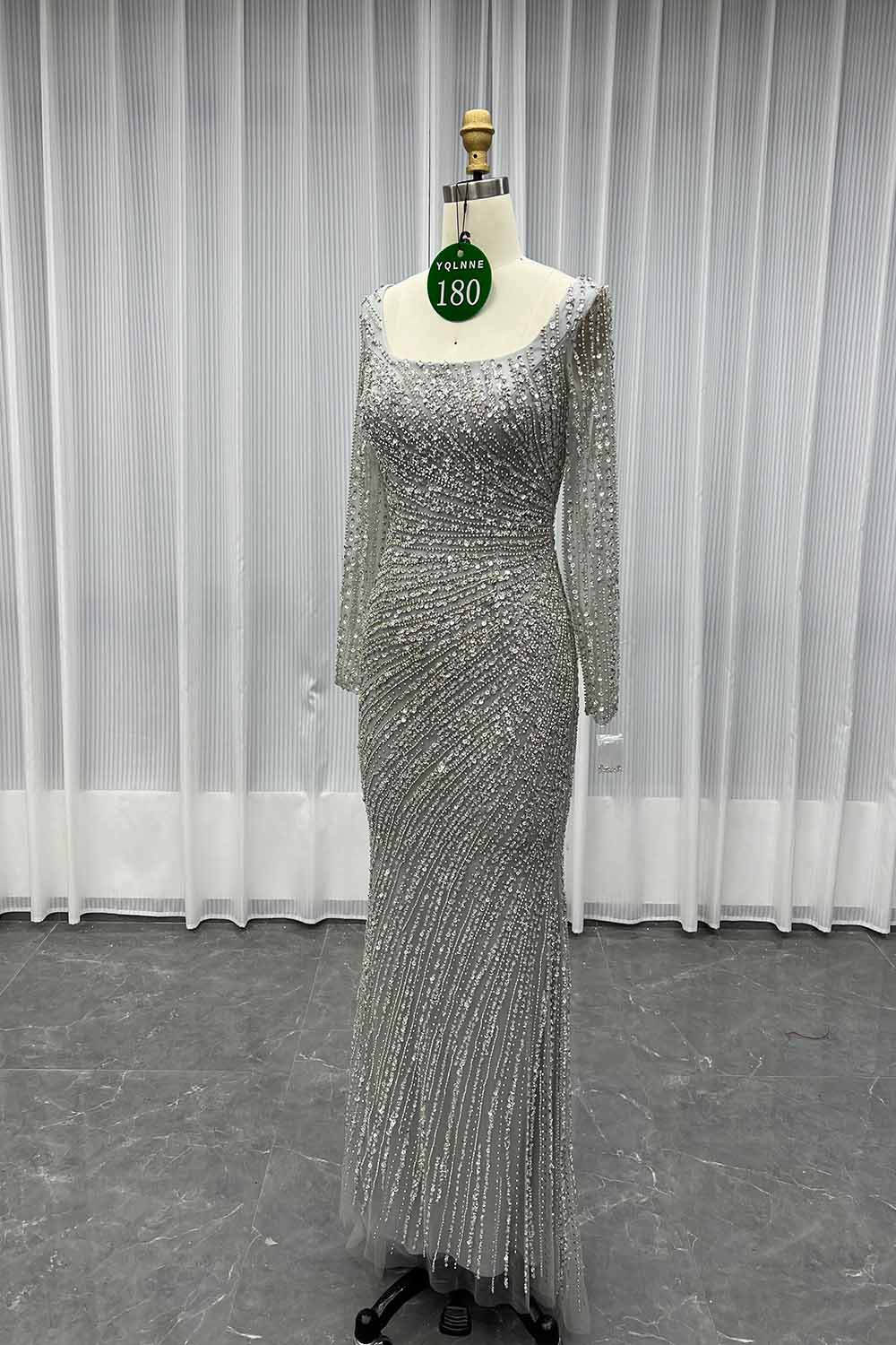 YQLNNE 0180 Silver Long Sleeves Evening Dress With Crystals Beaded