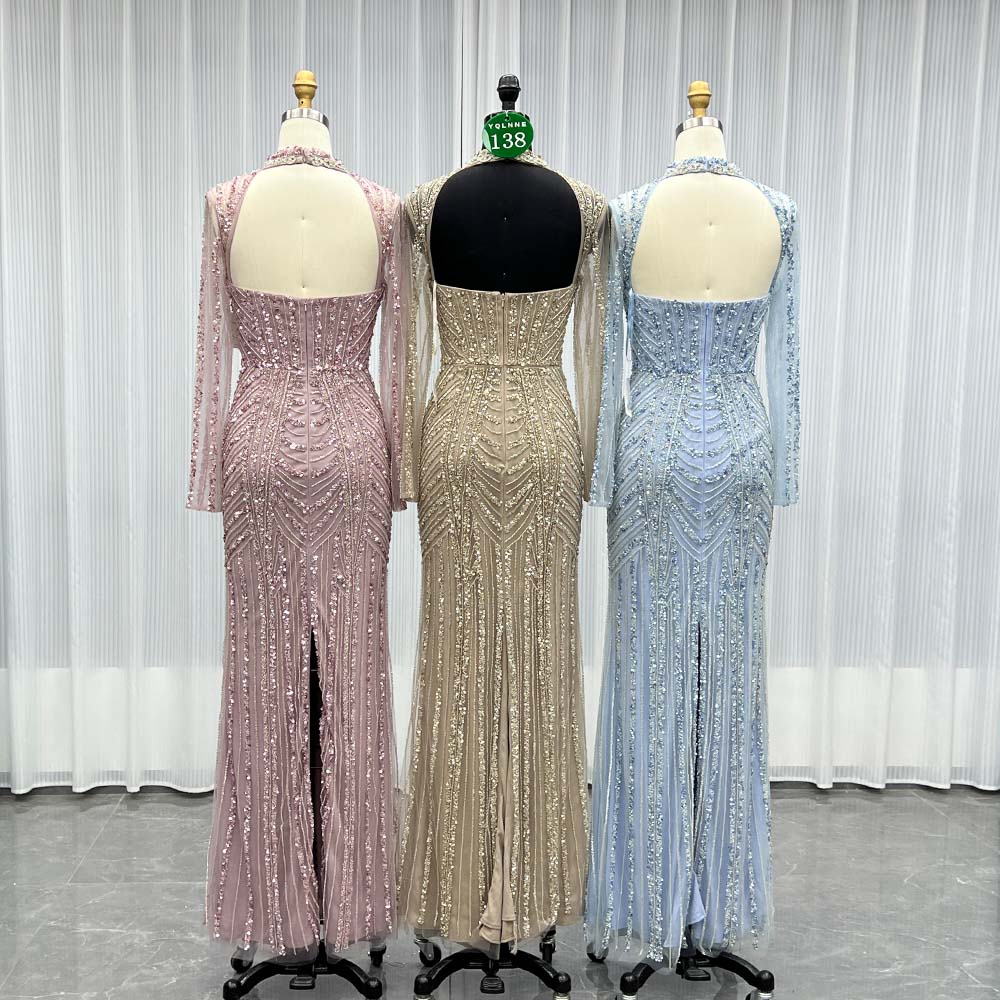 YQLNNE 0138 Pink Long Sleeves Evening Dress Handmade Heavy Crystals Beaded