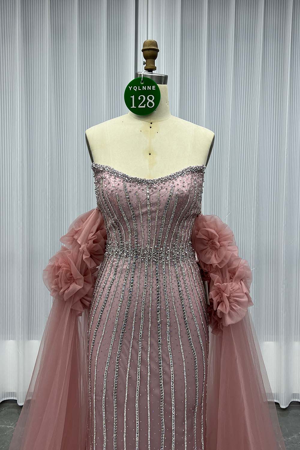 YQLNNE 0128 Luxury Pink Crystals Evening Party Gown With Removable Tulle Sleeves