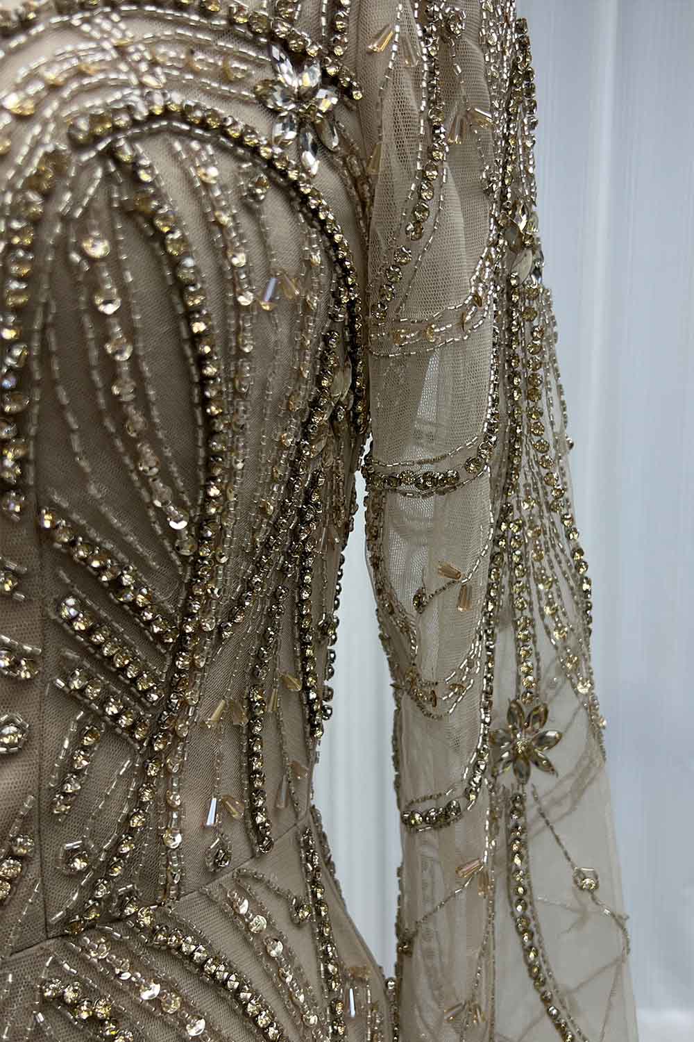 YQLNNE 0175 Nude Square Collar Crystals Beaded Evening Dress With Long Sleeves