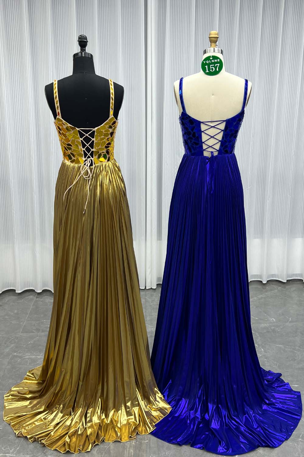 YQLNNE 0157 Gold Lens Long Prom Dress Straps Lace-up Back