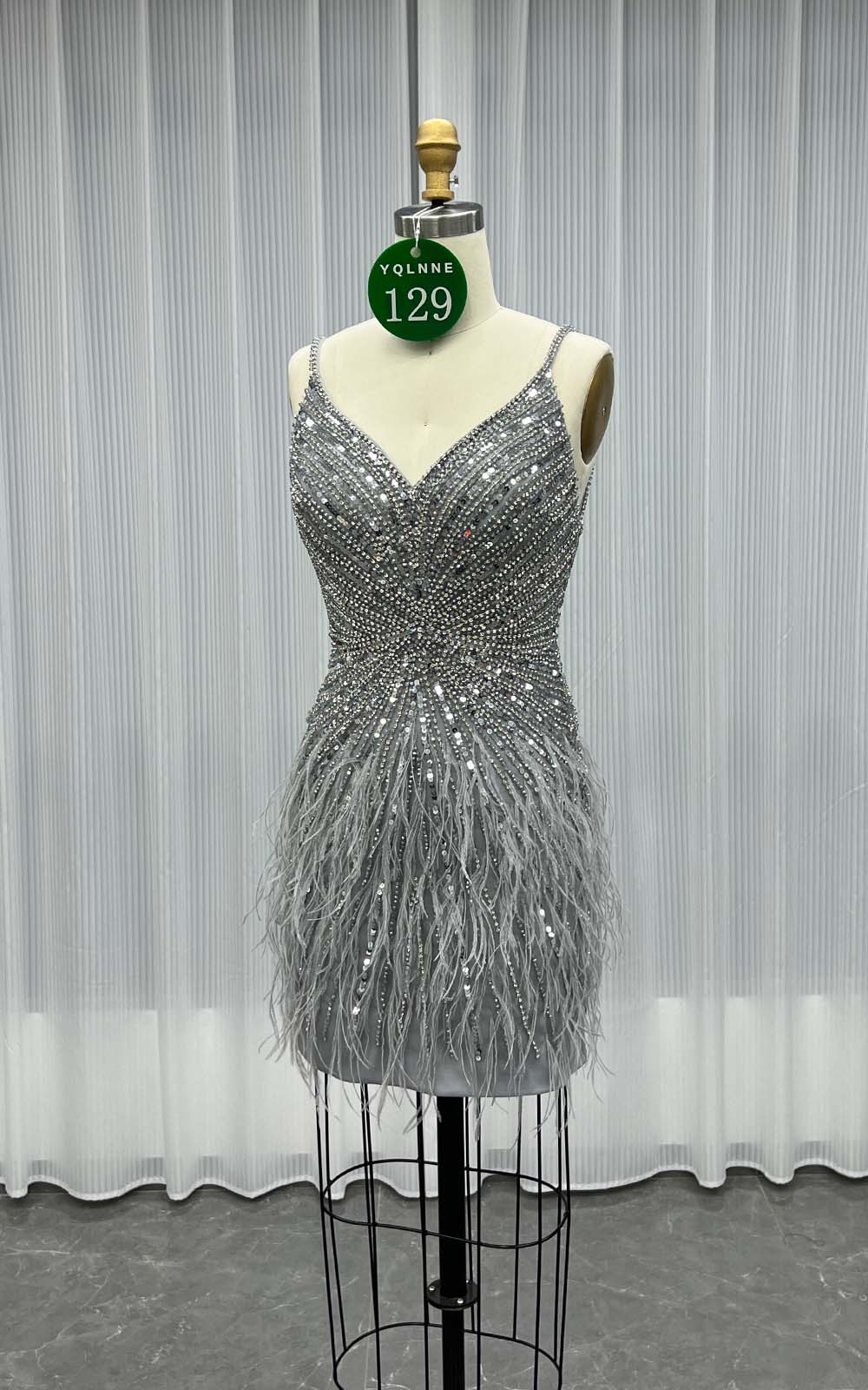 YQLNNE 0129 Silver Feathers Short Evening Dress Crystals Beaded Party Gown