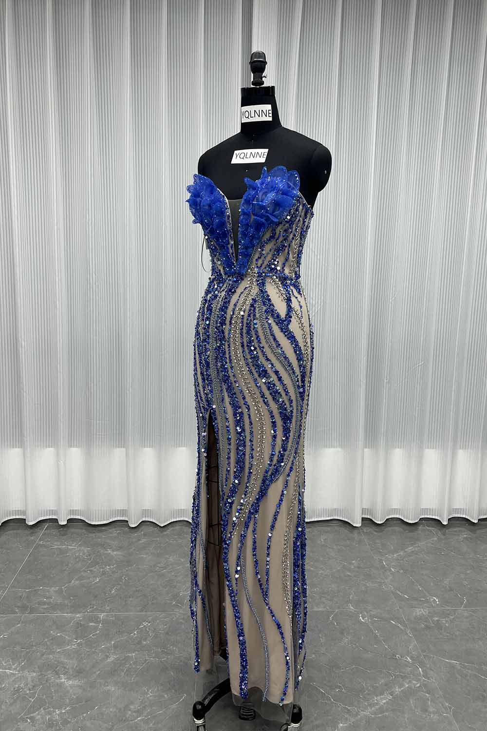 YQLNNE 040 Luxury Blue Crystals Evening Party Gown Pageant Dresses Lace-up