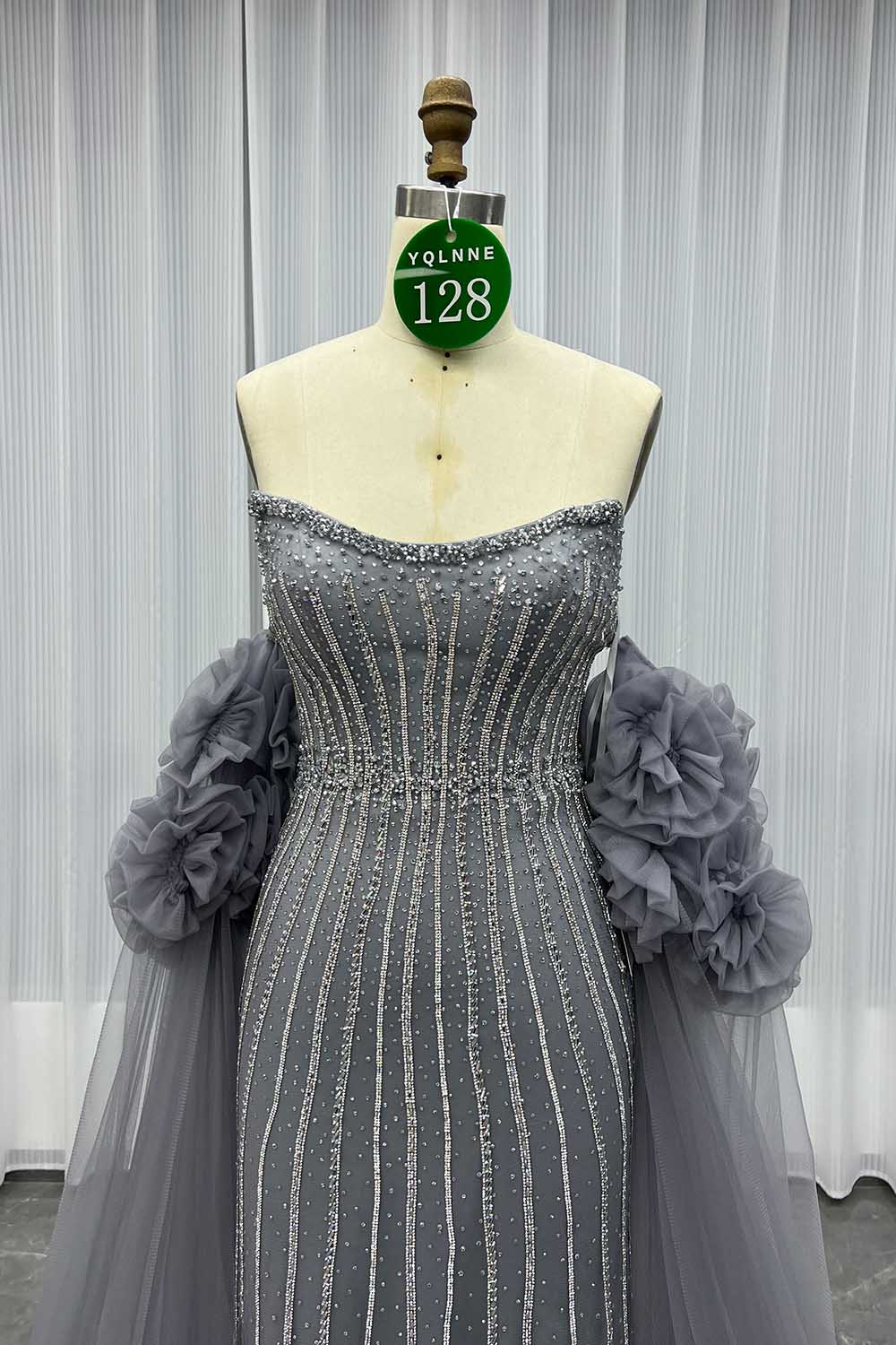 YQLNNE 0128 Luxury Gray Crystals Evening Party Gown With Removable Sleeves