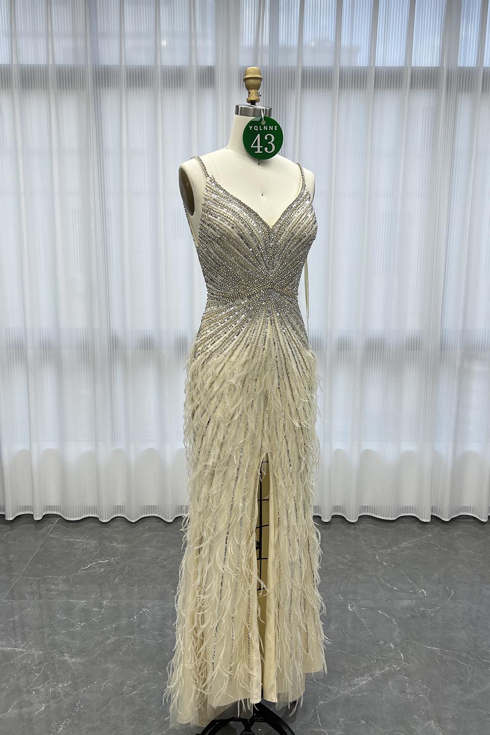 YQLNNE 043 Beige Feathers Long Crystals Evening Dress With Slit