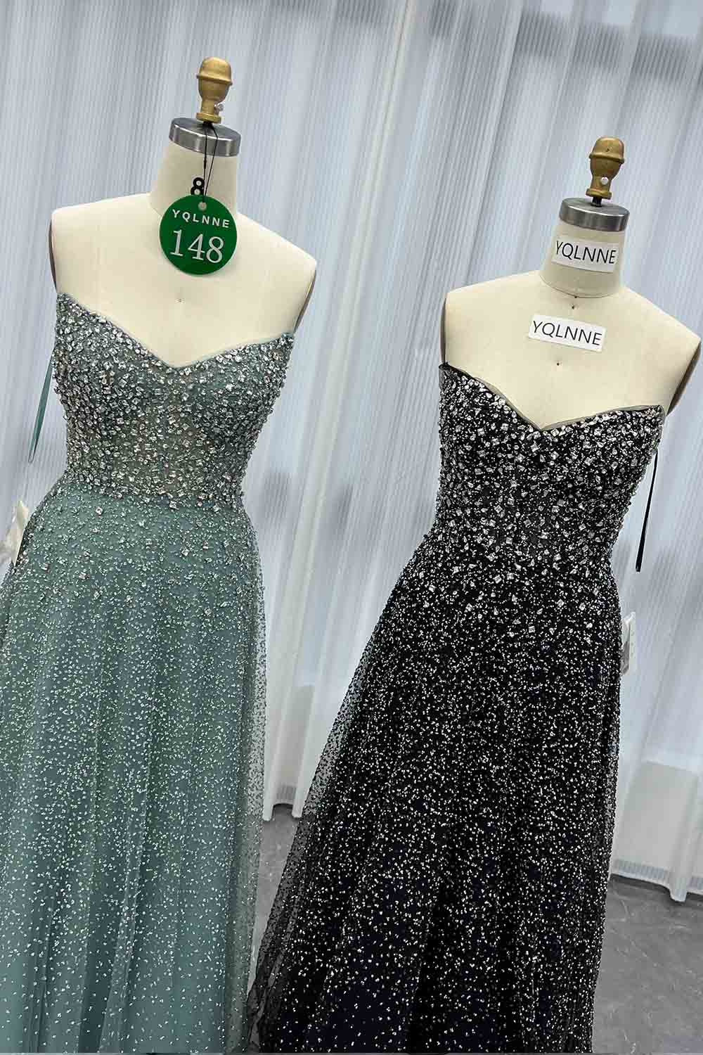 YQLNNE 0148 Black Glitter Crystals Long Prom Dress Aline
