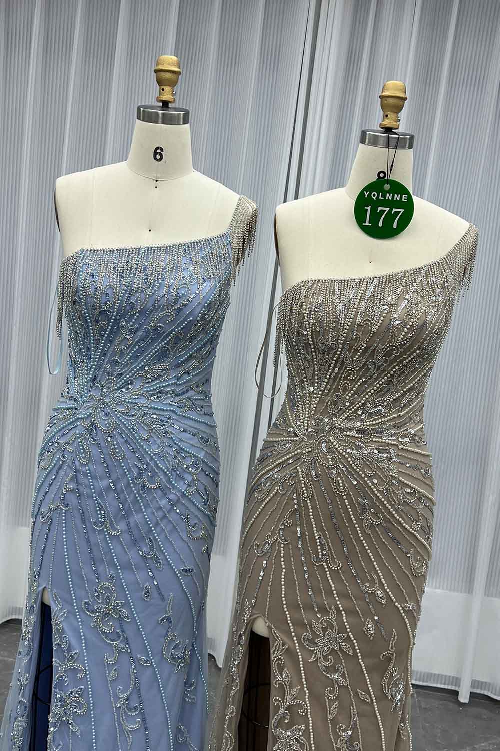 YQLNNE 0177 Blue One Shoulder Slit Evening Dress Handmade Crystals Beaded