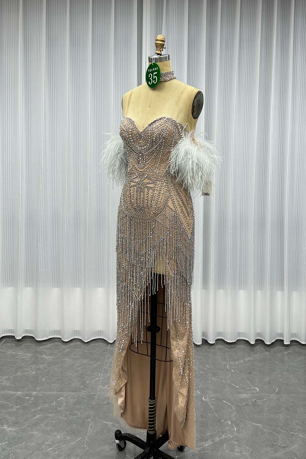 YQLNNE 035 Burgundy Feathers Slit Evening Dress With Handmade Crystals Beaded