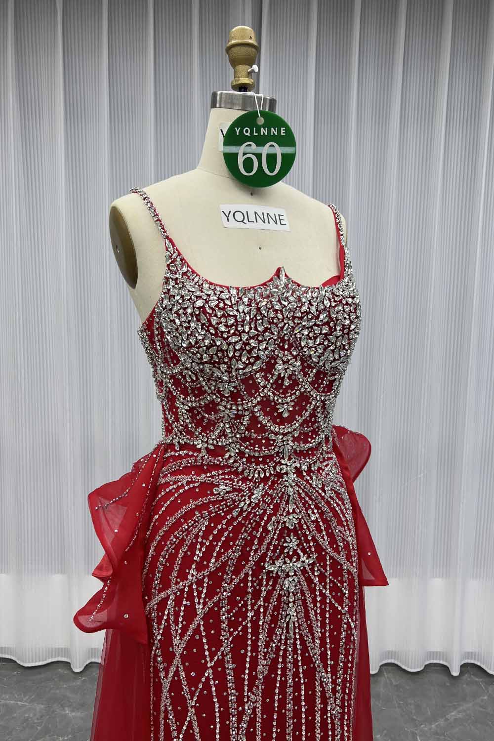 YQLNNE 060 Red Rhinestones Evening Dress Straps Long Mermaid Formal Gown