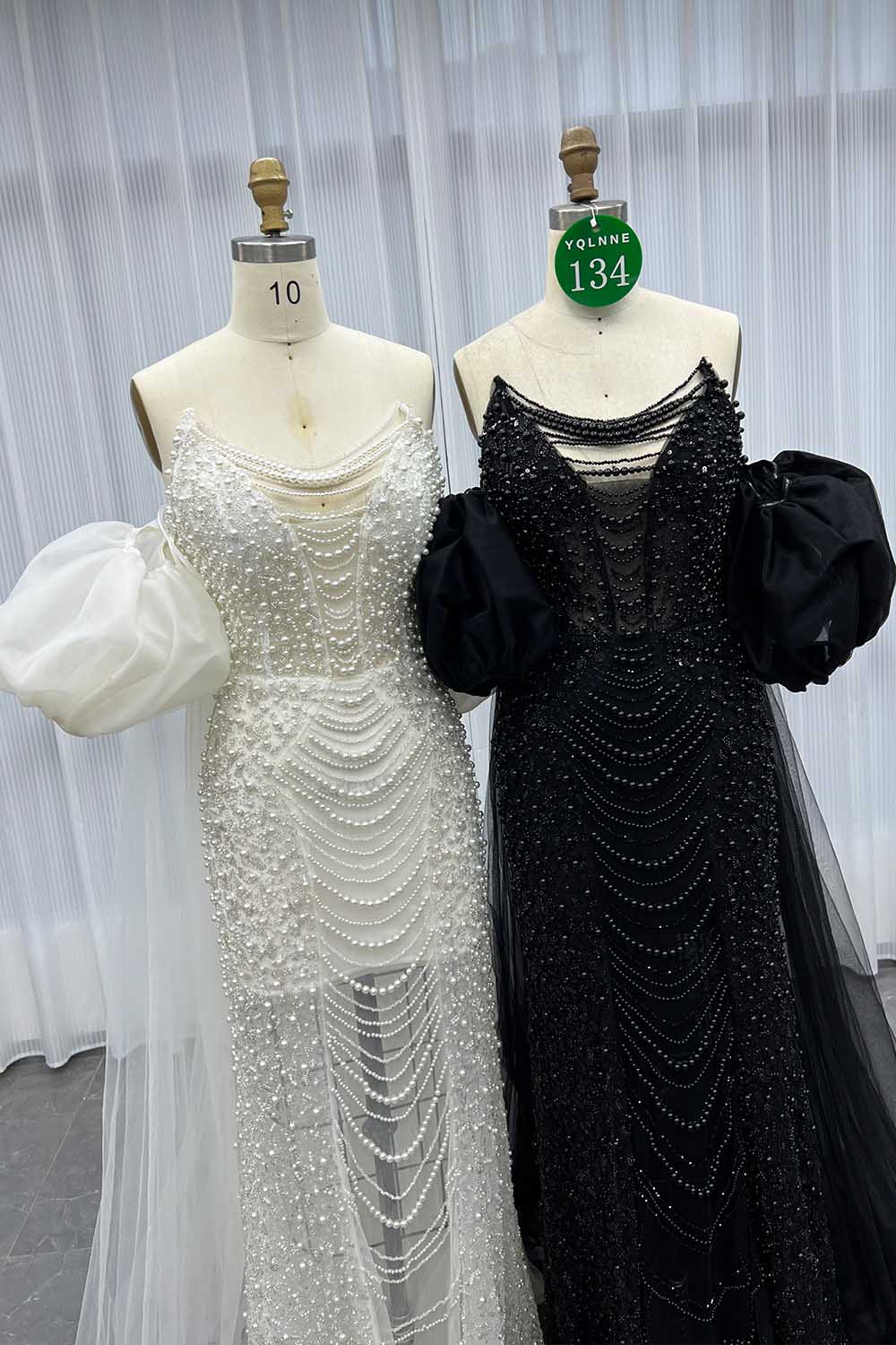 YQLNNE 0134 Black Strapless Beaded Pearls Evening Dress With Removable Sleeves