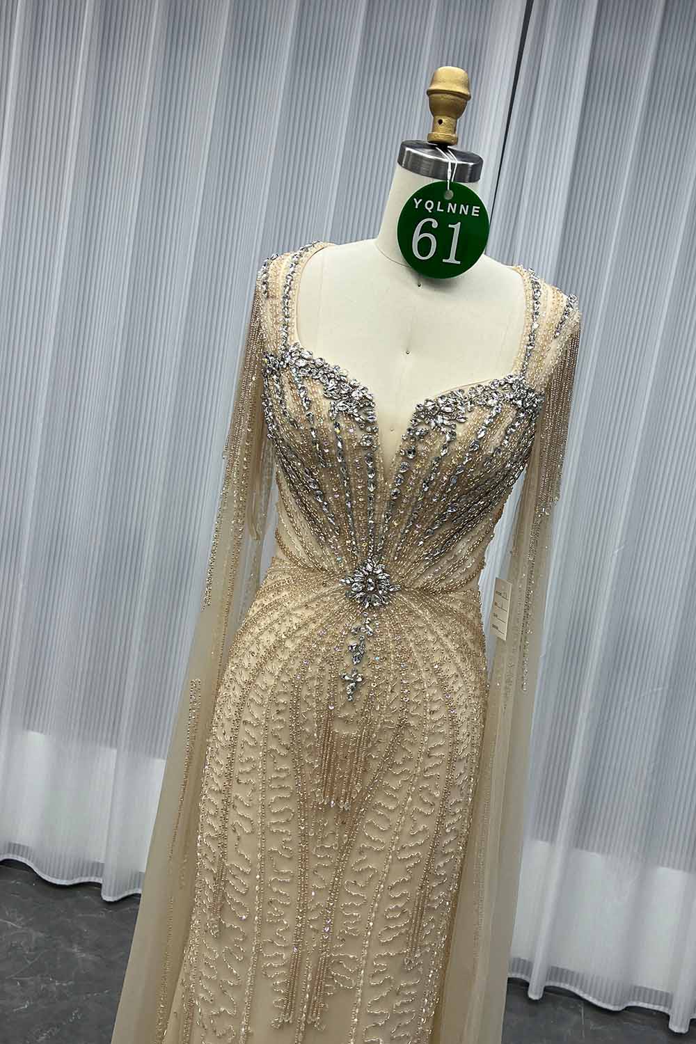 YQLNNE 061 Champagne Handmade Crystals Beaded Evening Dress With Cape Sleeves