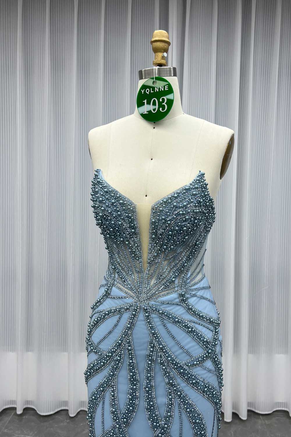 YQLNNE 0103 Blue Strapless Crystals Pearls Prom Dress Long Party Gown