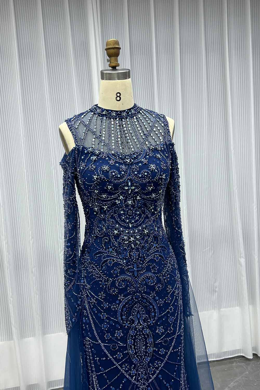 YQLNNECouture Navy Blue Crystals Beaded Evening Dress Embroidered