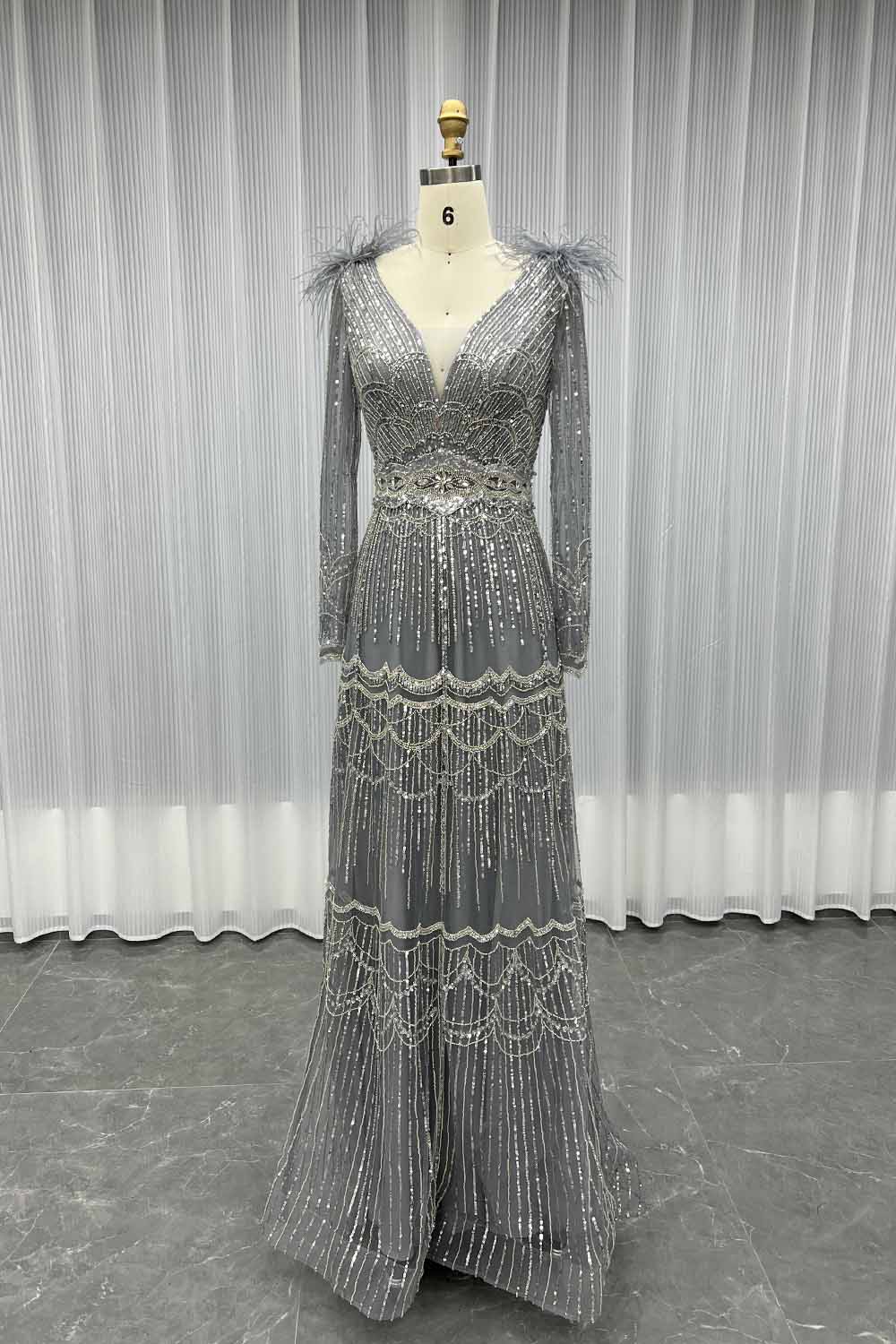 YQLNNE 17007 Muslim Feathers Evening Dress Long Sleeve Women Party Gown