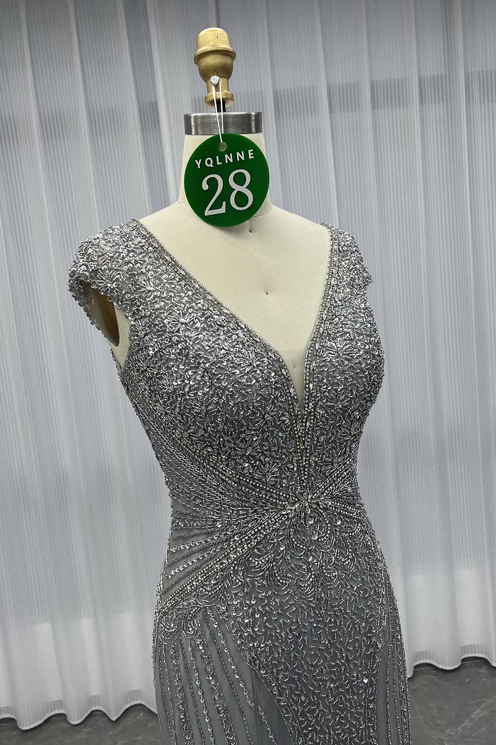 YQLNNE 028 Silver Crystals Beaded Evening Dress Mermaid Cap Sleeves