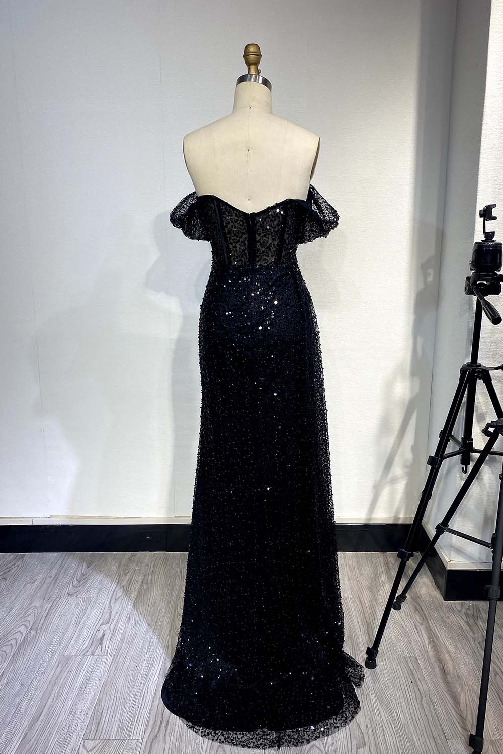 YQLNNE 111 Black Off the Shoulder Evening Dress Sequined Slit Party Gown