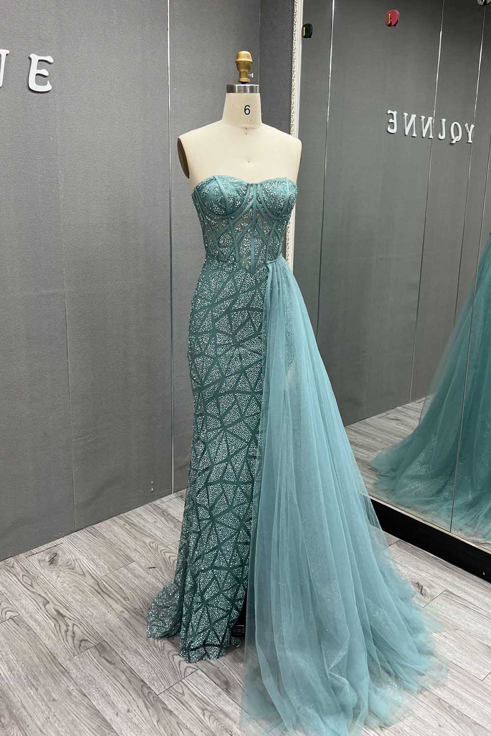 YQLNNE 070 Sparkly Glitter Strapless Long Prom Dress With Removable Train