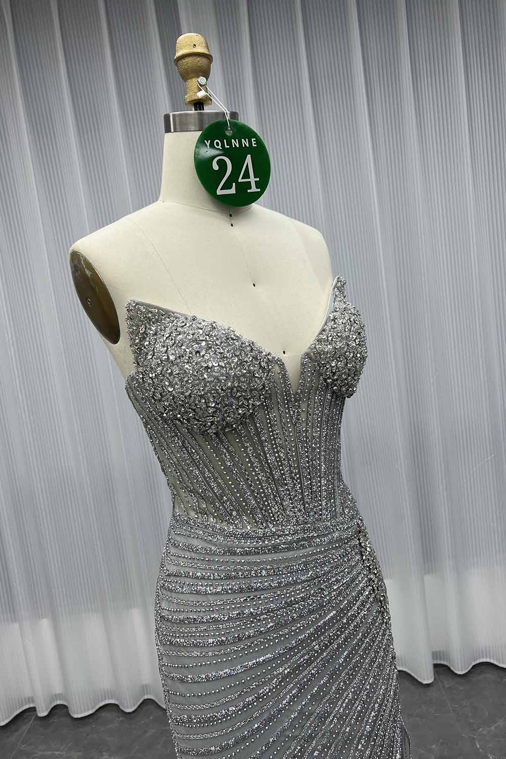 YQLNNE 024 Silver Strapless Crystals Beaded Prom Dresses Long Mermaid Gown