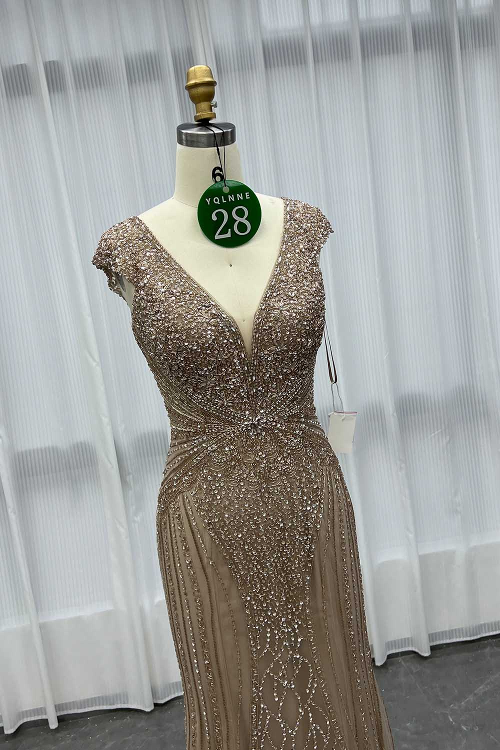 YQLNNE 028 Nude Handmade Crystals Beaded Evening Gown Pageant Dress