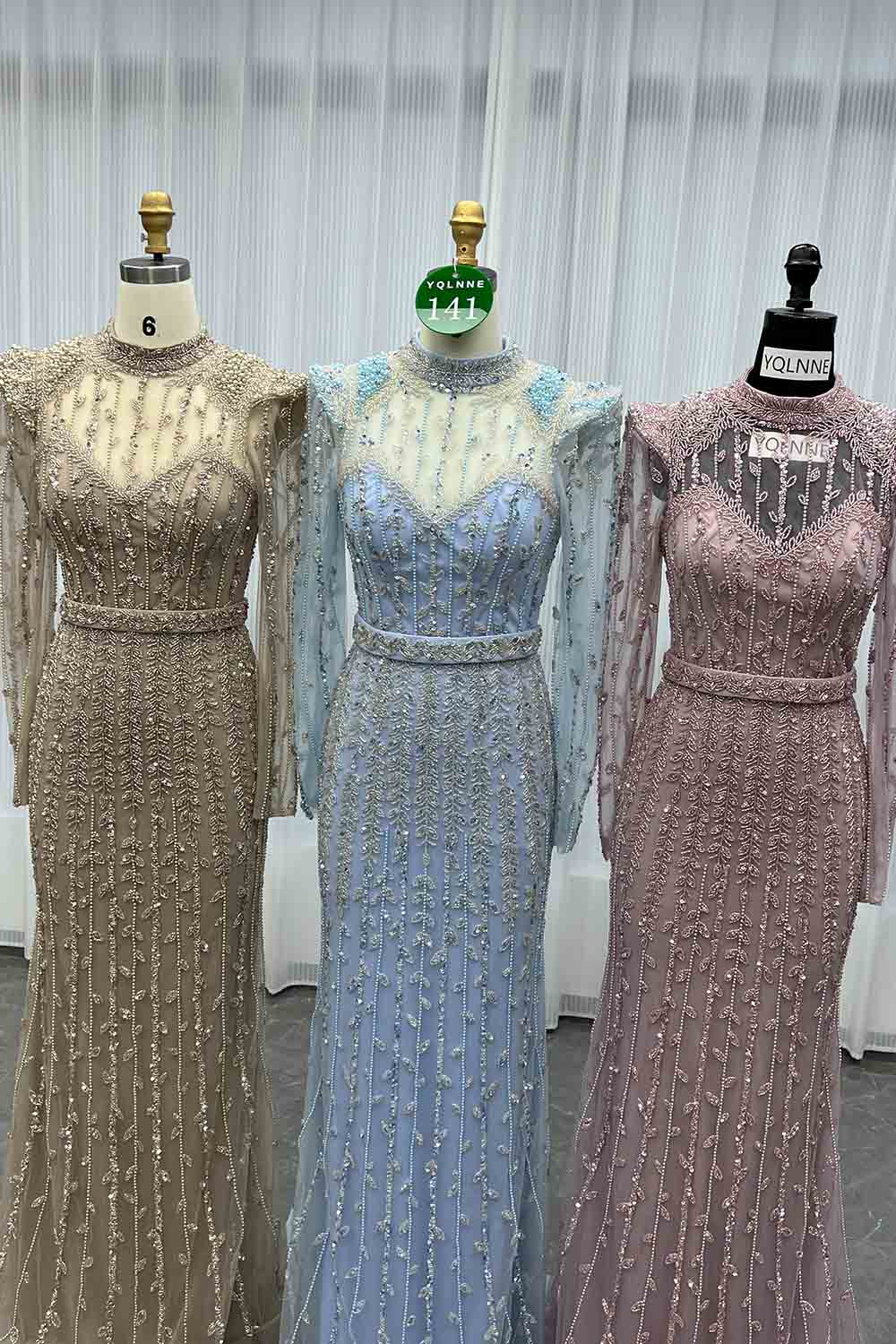 YQLNNE 0141 Modest Pink Full Sleeves Evening Dress Handmade Beaded Pearls Muslim Formal Gown