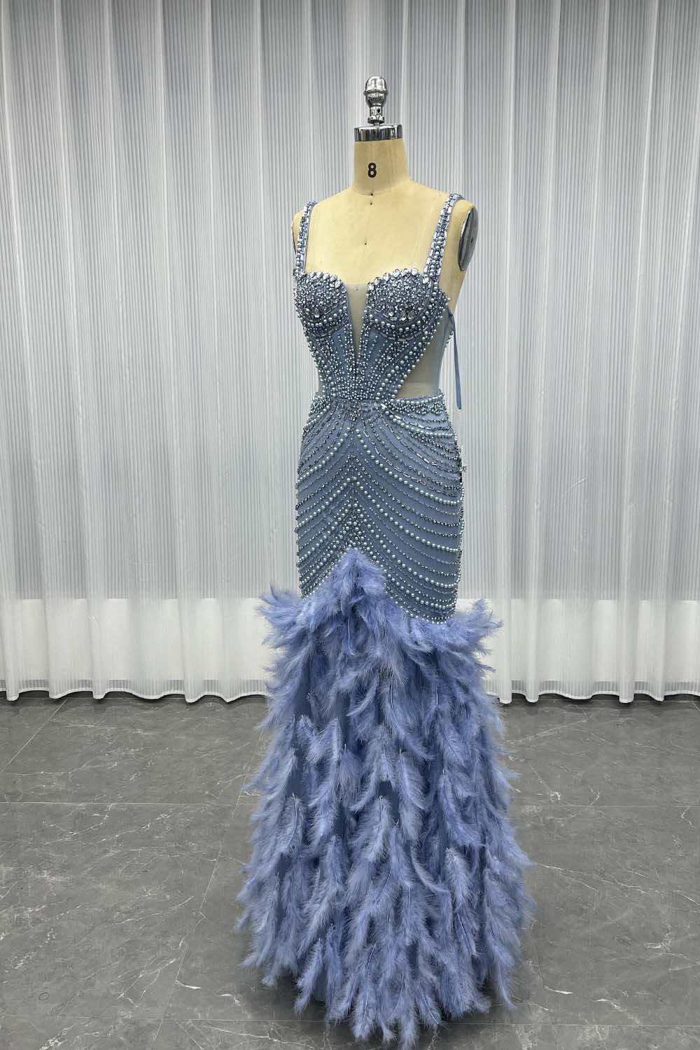 YQLNNE 045 Blue Feathers Crystals Evening Party Gown Mermaid Formal Dress