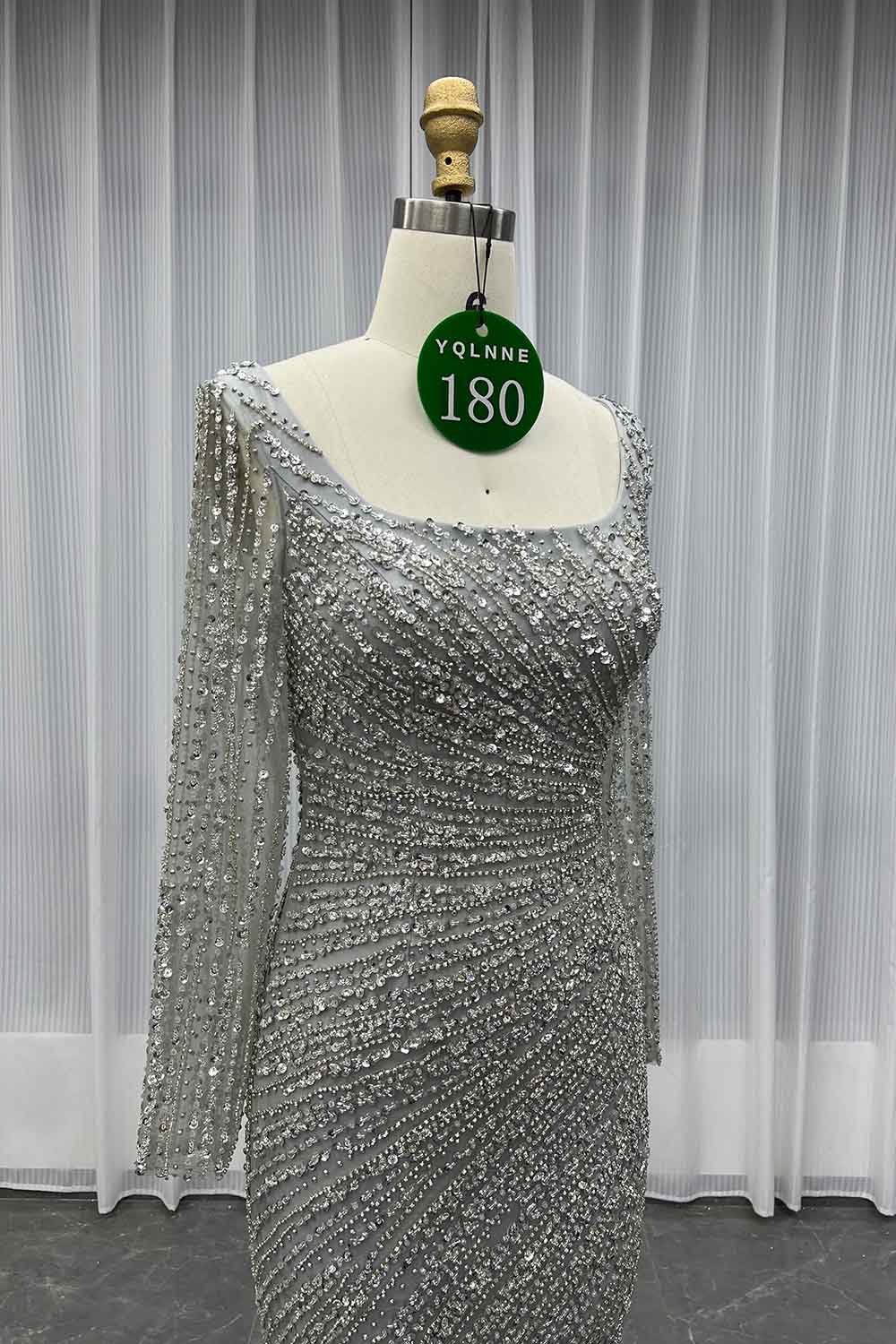 YQLNNE 0180 Silver Long Sleeves Evening Dress With Crystals Beaded