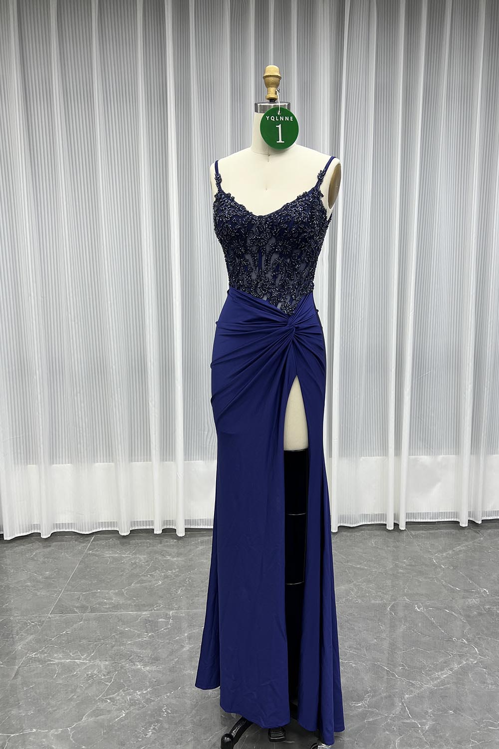 YQLNNE 01 Navy Spaghetti Long Slit Prom Dress With Beading